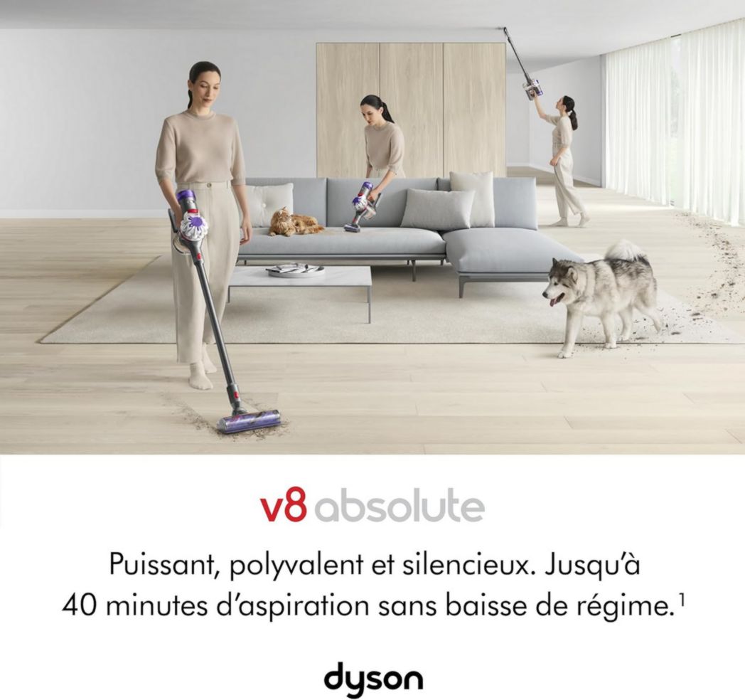 Aspirateur-balai sans fil Dyson V8 Advanced™ – 130 AW, autonomie de 40 min, brosse motorisée auto-démêlante, accessoires combinés, station d'accueil murale, argent/nickel