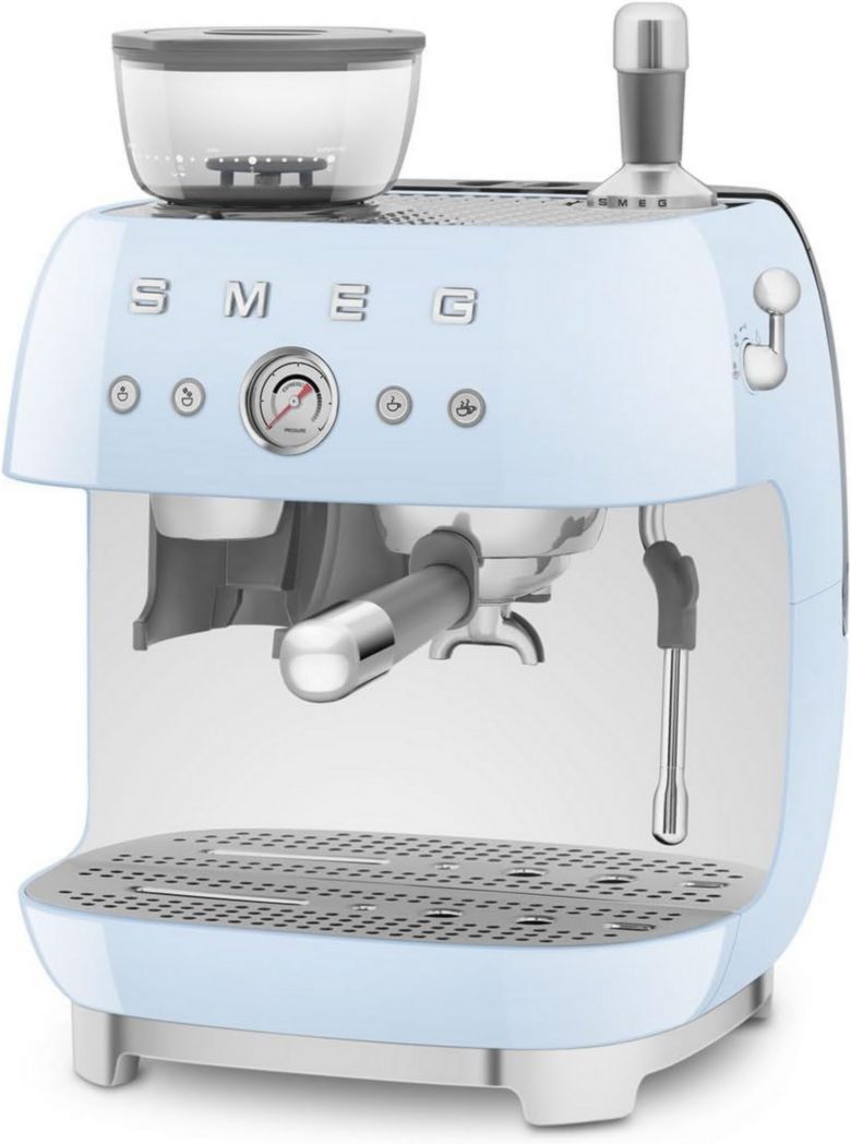 Machine à expresso manuelle Smeg EGF03CREU, avec moulin à grains intégré, thermoblock, 4 niveaux de température, buse vapeur et manomètre, réservoir 1 L, dimensions compactes, 1350 W, couleur crème