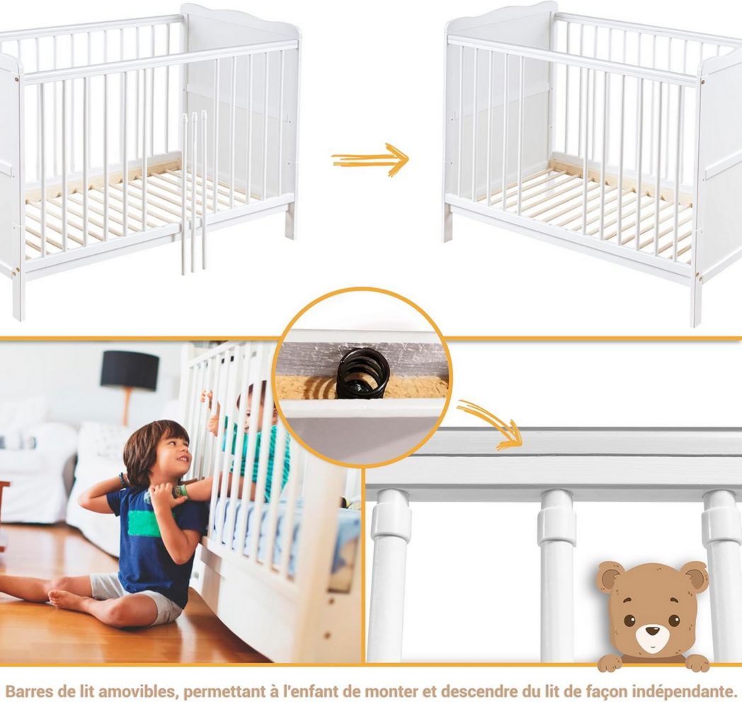 Lit bébé moto-MOLTICO 60x120 cm avec tiroir – Lit en bois réglable en hauteur, transformable en lit enfant avec barrières de sécurité – Lit bébé pour filles et garçons