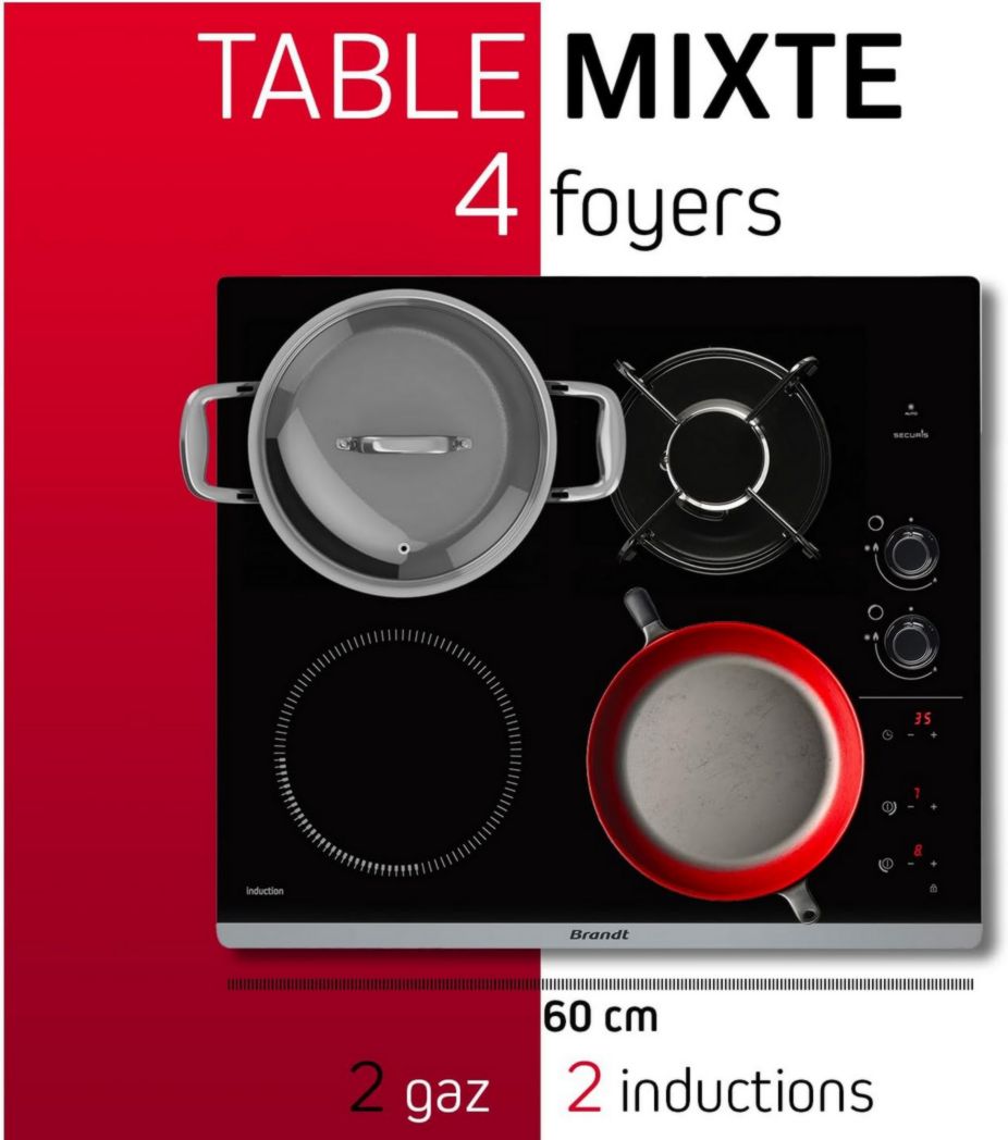 Brandt - BPI6413BM - Plaque de cuisson induction et gaz - Noir - 4 feux - 3400 W électrique et 4600 gaz - Dimensions encastrables : 56 x 49 cm - 9 positions par foyer - Fabriqué en France