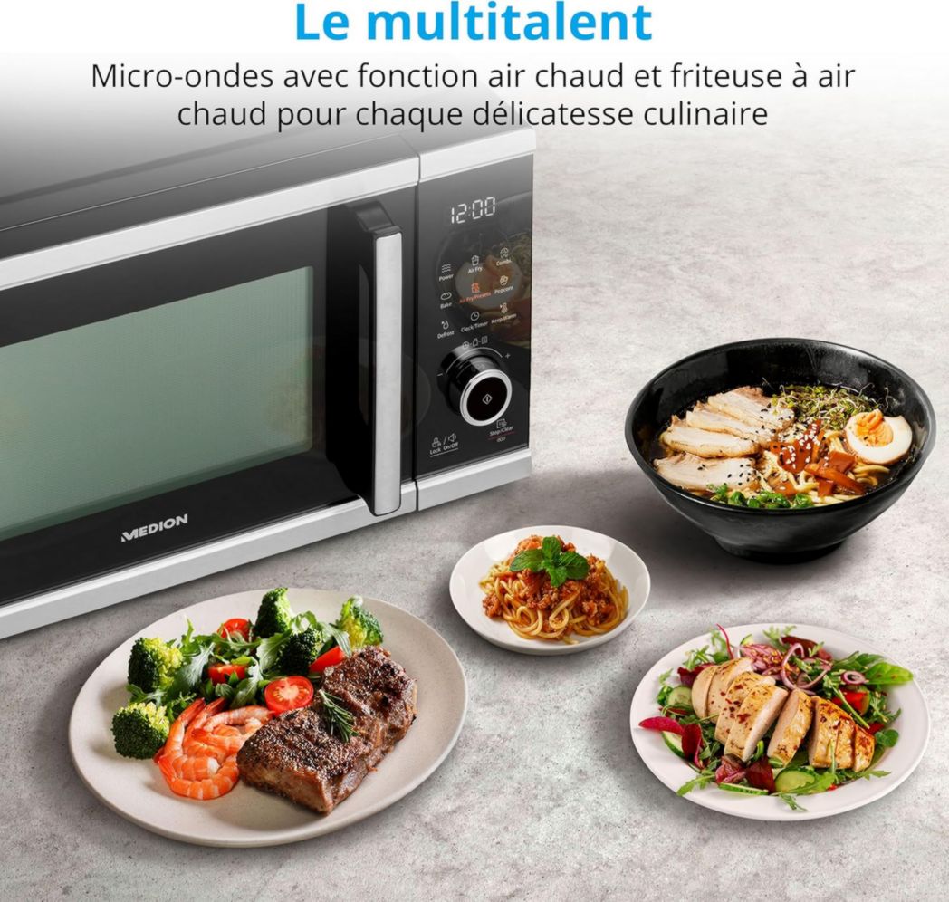 Micro-ondes MEDION avec friteuse à air (friteuse à air chaud sans huile intégrée, 25 L, 900 W, 1500 W air chaud, 10 programmes automatiques, 10 niveaux de puissance, mode décongélation, MD11499) noir