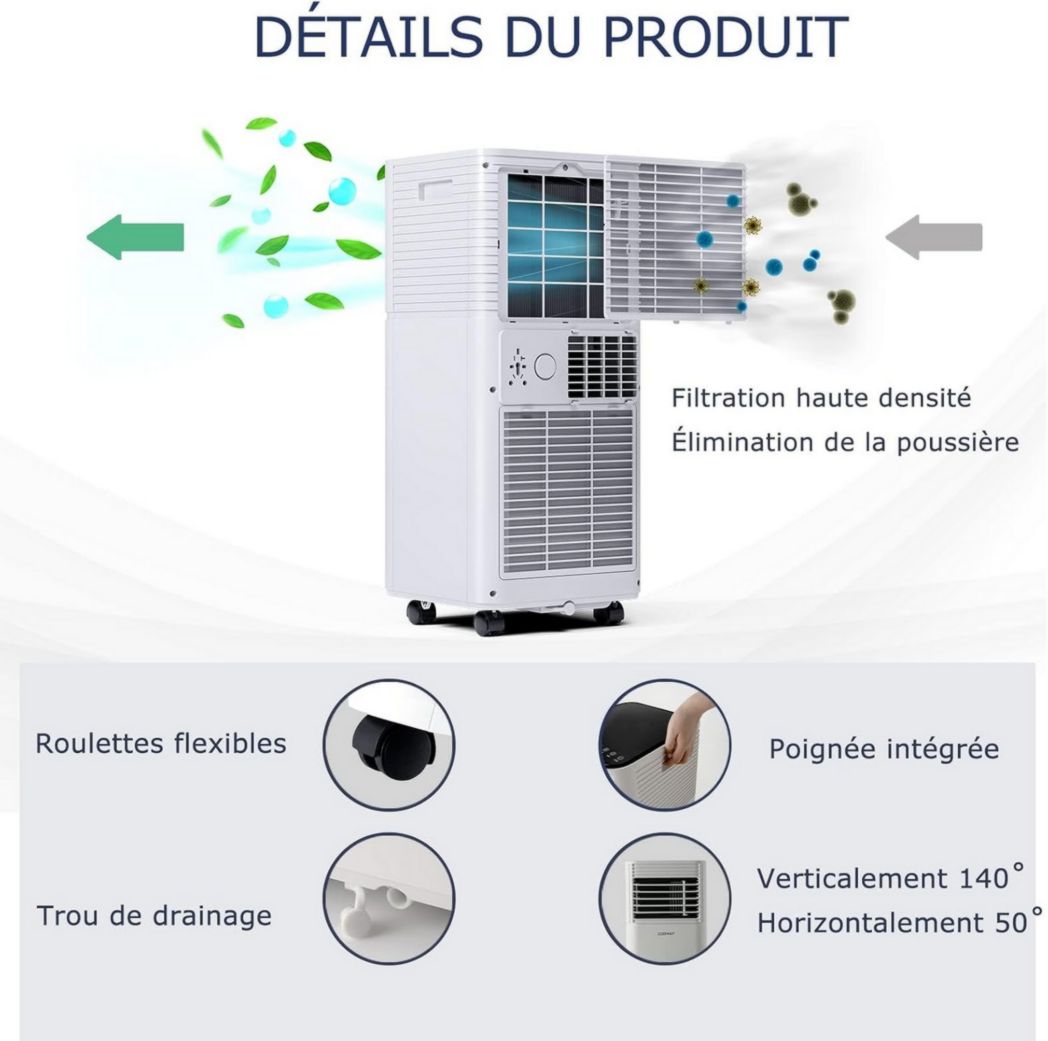 Climatiseur portable GOPLUS 9000 BTU 2,6 kW, 4 en 1, refroidissement, déshumidification, ventilateur, mode nuit, minuterie 24 h, télécommande/écran, 20 ㎡, noir, R290
