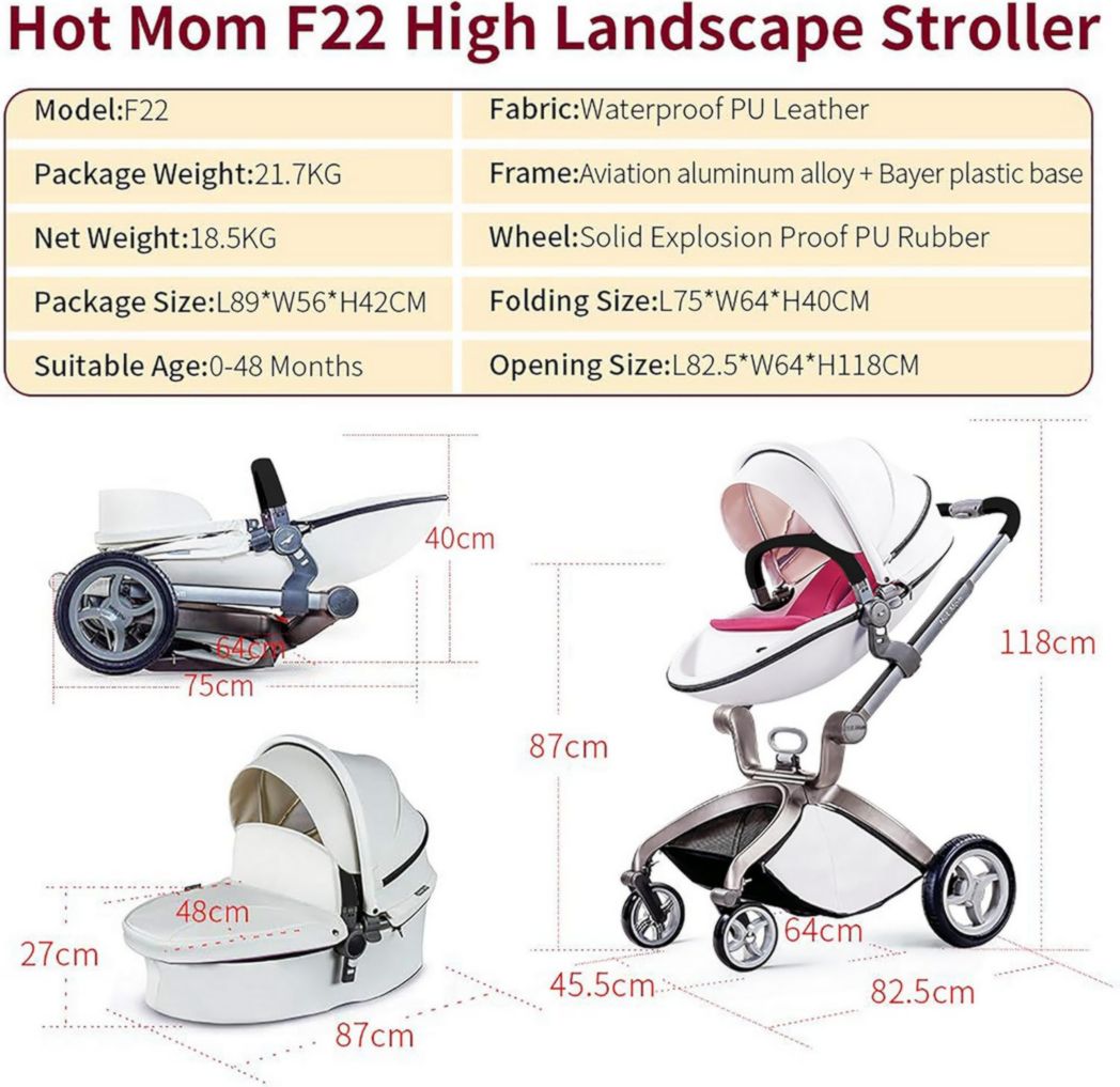 Poussette classique Hot Mom Combi 3 en 1, ensemble complet, cadre en aluminium, pneus en caoutchouc plein, protection contre la pluie et moustiquaire, modèle F22 (noir-3, avec siège auto)