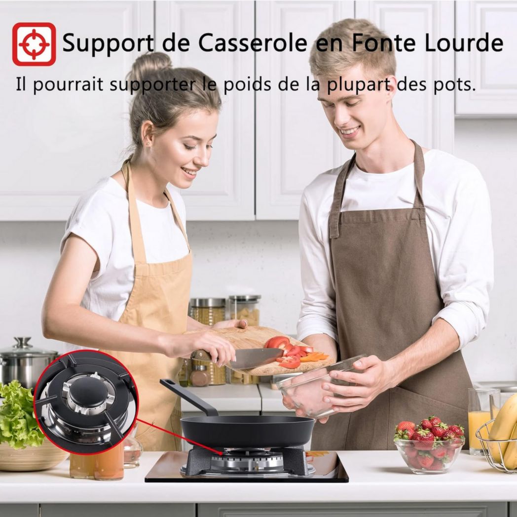 Plaque de cuisson à gaz 4 feux, plaque de cuisson 60 cm - Cuisinière encastrable - Gaz de ville et gaz en bouteille (4 feux - Verre)