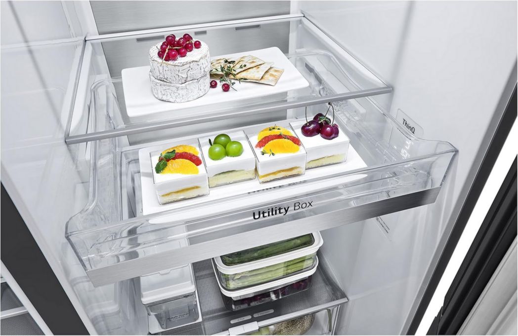 Réfrigérateur combiné LG GSXV91MCAF - Côte à côte, 635 L, InstaView, Total No-Frost, compartiment congélateur, distributeur d'eau et de glaçons UVnano, compresseur à onduleur linéaire, Wi-Fi, noir, classe F