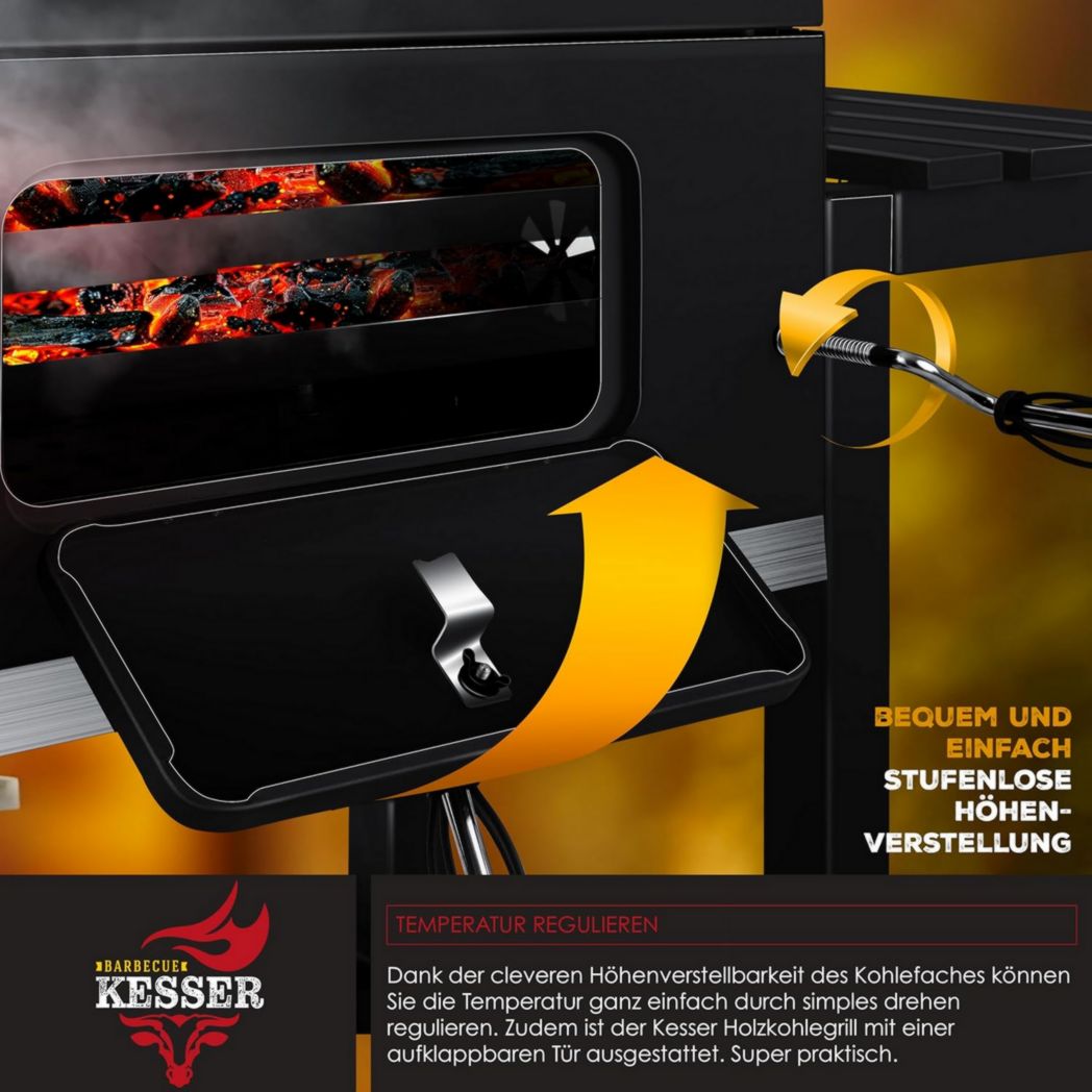 Chariot barbecue KESSER® | Barbecue à charbon XL avec couvercle, roulettes, poignée en acier inoxydable, grille et thermomètre | Grand barbecue à charbon