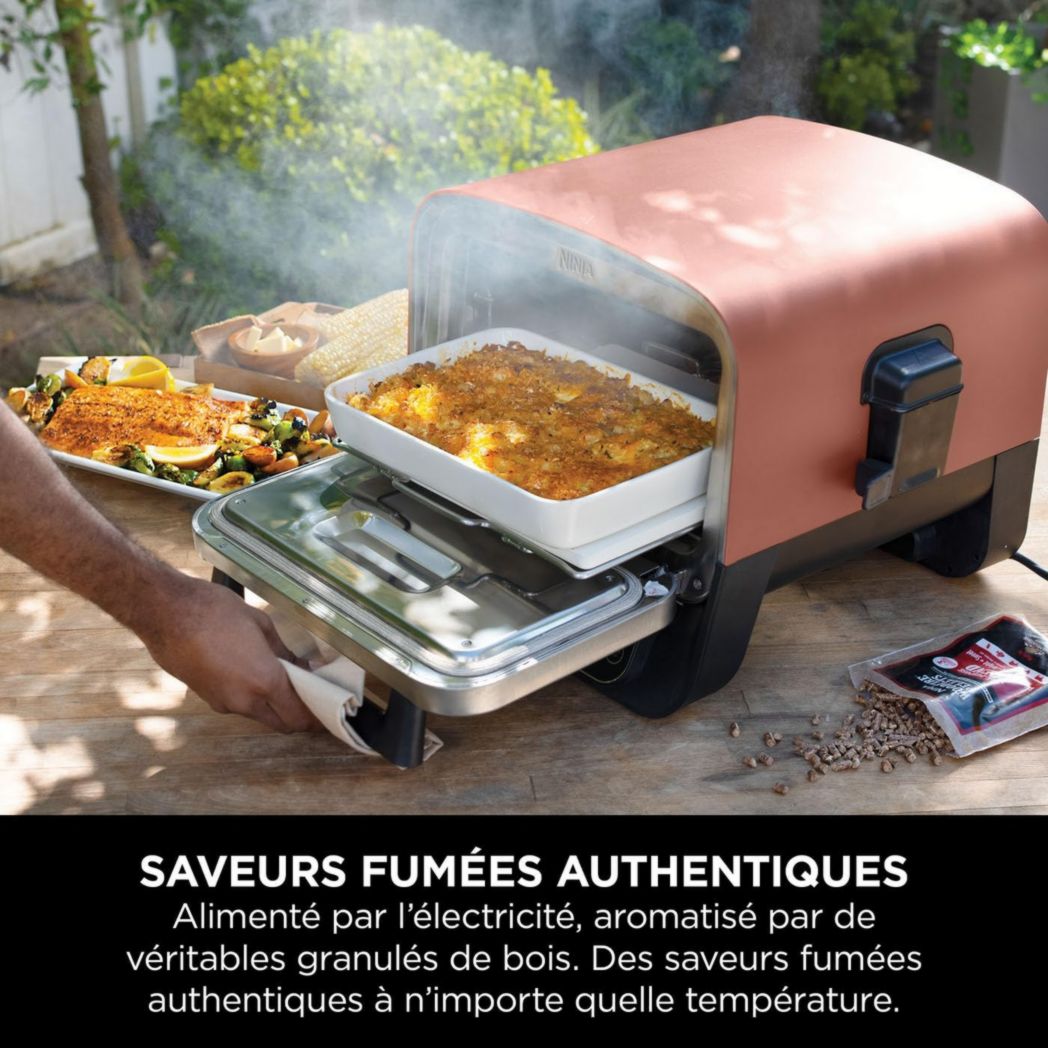 Four à pizza électrique d'extérieur Ninja Woodfire 8 en 1, rôtissoire et fumoir barbecue avec grille, plaque Pro-Heat, pierre à pizza, granulés de bois et pelle, 6 réglages, orange foncé OO101EU