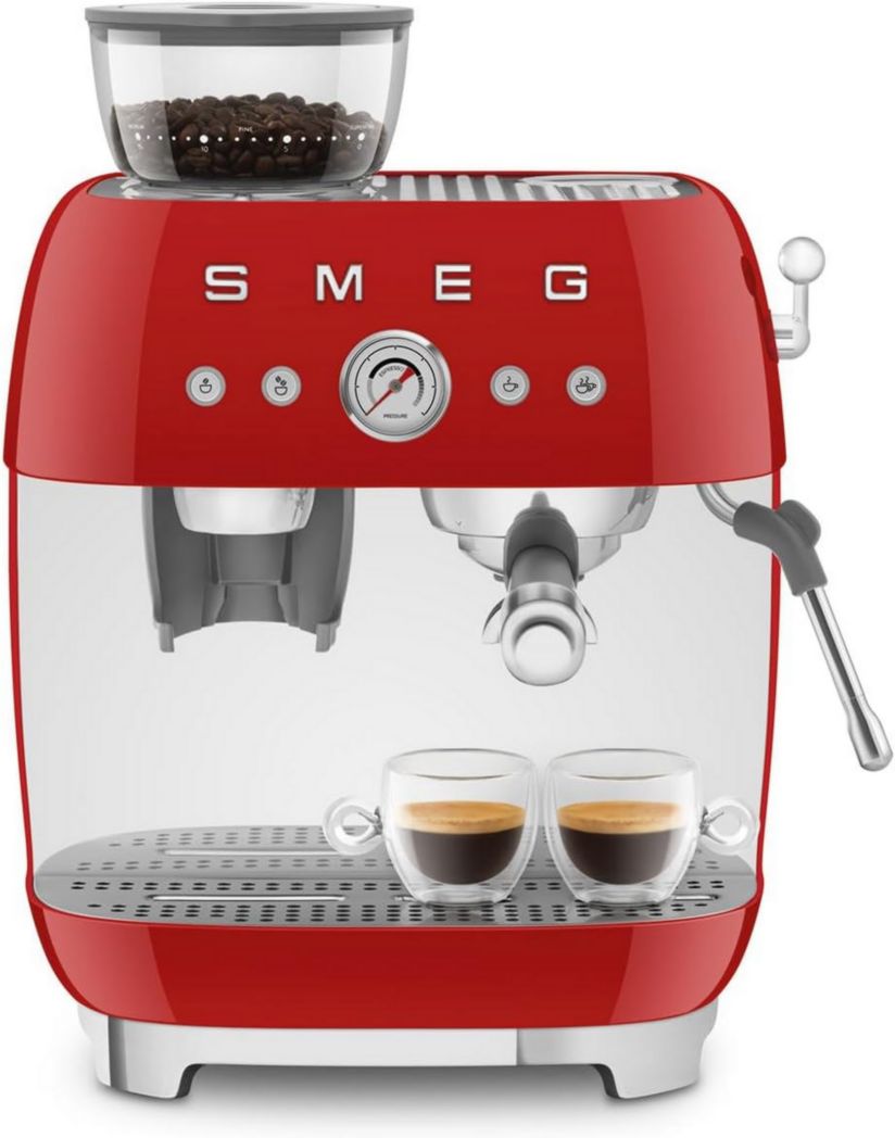 Machine à expresso manuelle Smeg EGF03CREU, avec moulin à grains intégré, thermoblock, 4 niveaux de température, buse vapeur et manomètre, réservoir 1 L, dimensions compactes, 1350 W, couleur crème