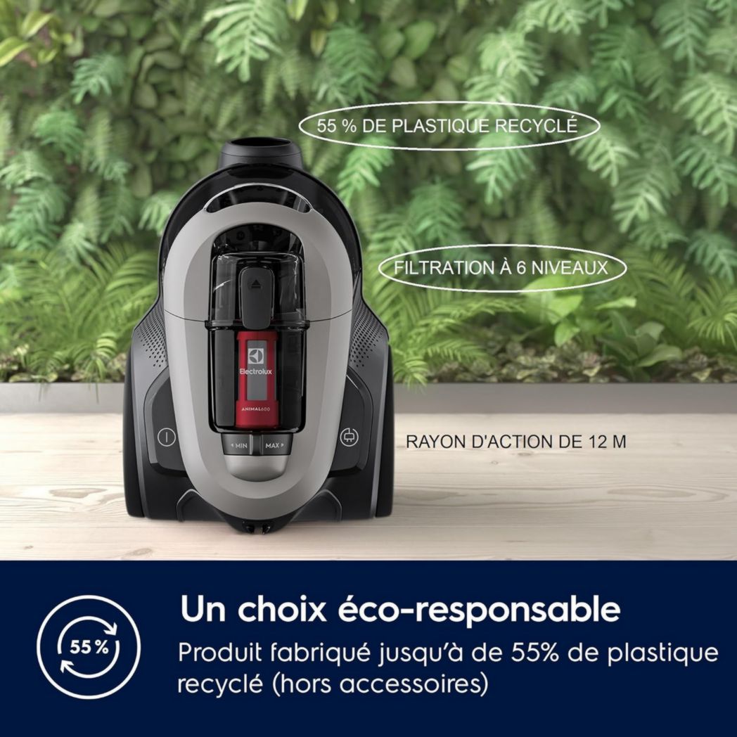 Electrolux Animal 600, aspirateur traîneau sans sac, accessoires pour poils d'animaux, filtration en 6 étapes, gain de place, technologie cyclonique, 55 % de matériaux recyclés, EL61A4UG, gris