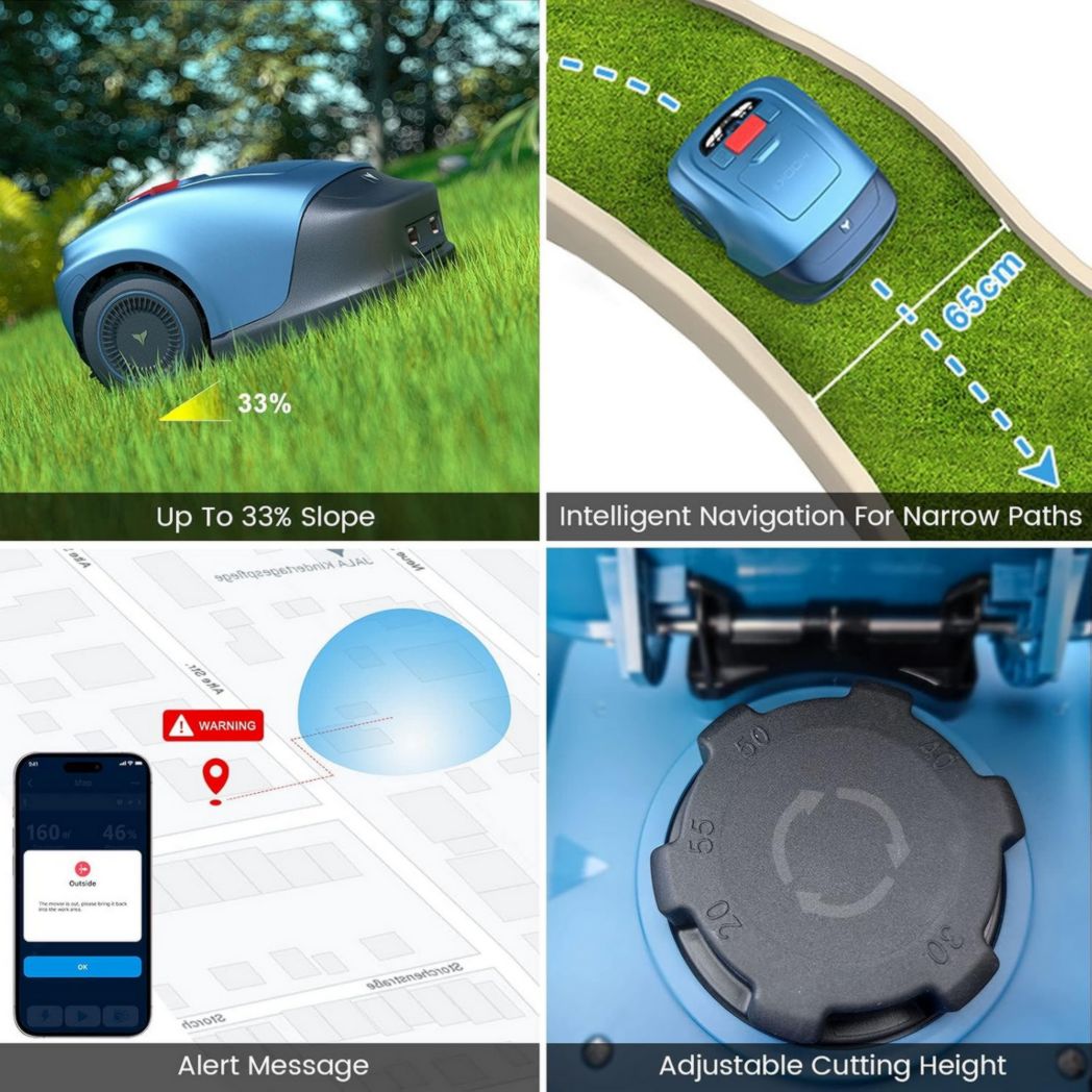 Tondeuse robot HOOKII pour jardins jusqu'à 1 000 m², tonte parallèle, recoupe et recharge automatique, Bluetooth/Wi-Fi, batterie grande capacité 4 400 mAh - Chargeur inclus (version Wi-Fi)