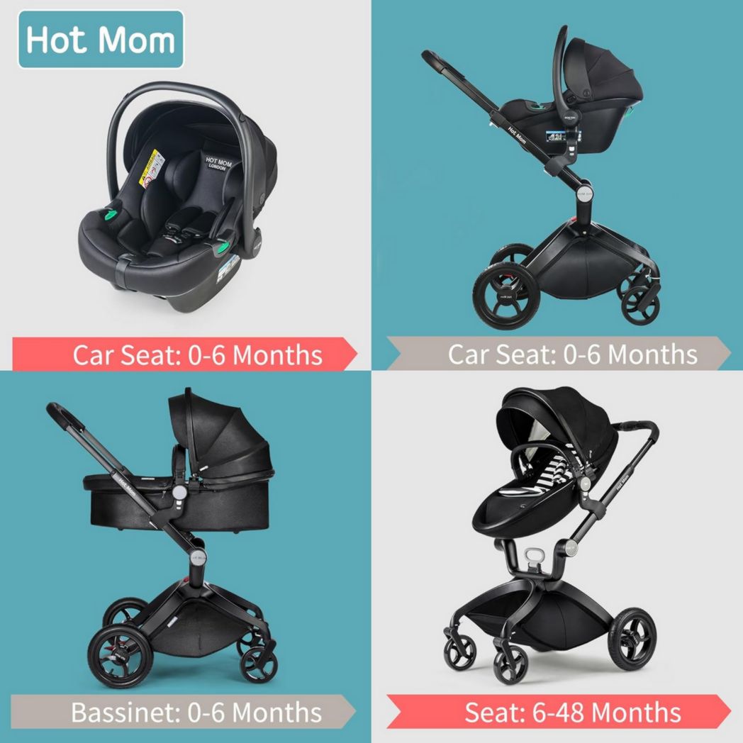 Poussette classique Hot Mom Combi 3 en 1, ensemble complet, cadre en aluminium, pneus en caoutchouc plein, protection contre la pluie et moustiquaire, modèle F22 (noir-3, avec siège auto)