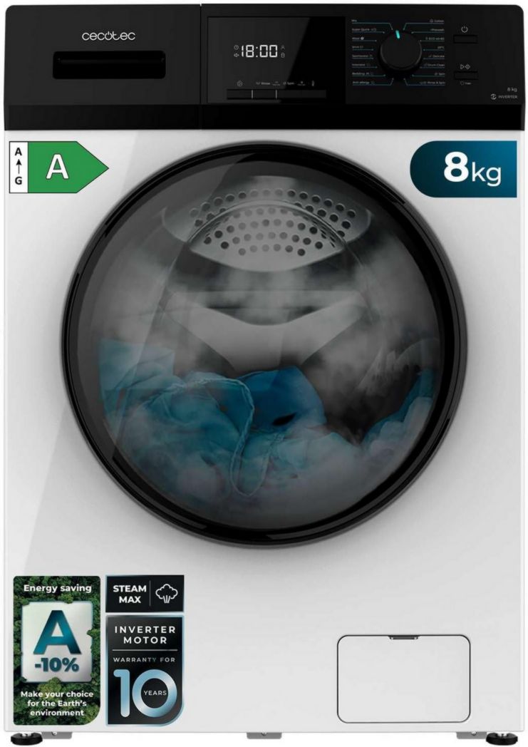 Lave-linge frontal Cecotec Bolero Dresscode 9410 Inverter A 9 kg. Puissance : 1 900 W, 1 400 tr/min réglable, 16 programmes, faible consommation d'énergie, vapeur, stérilisation du linge.