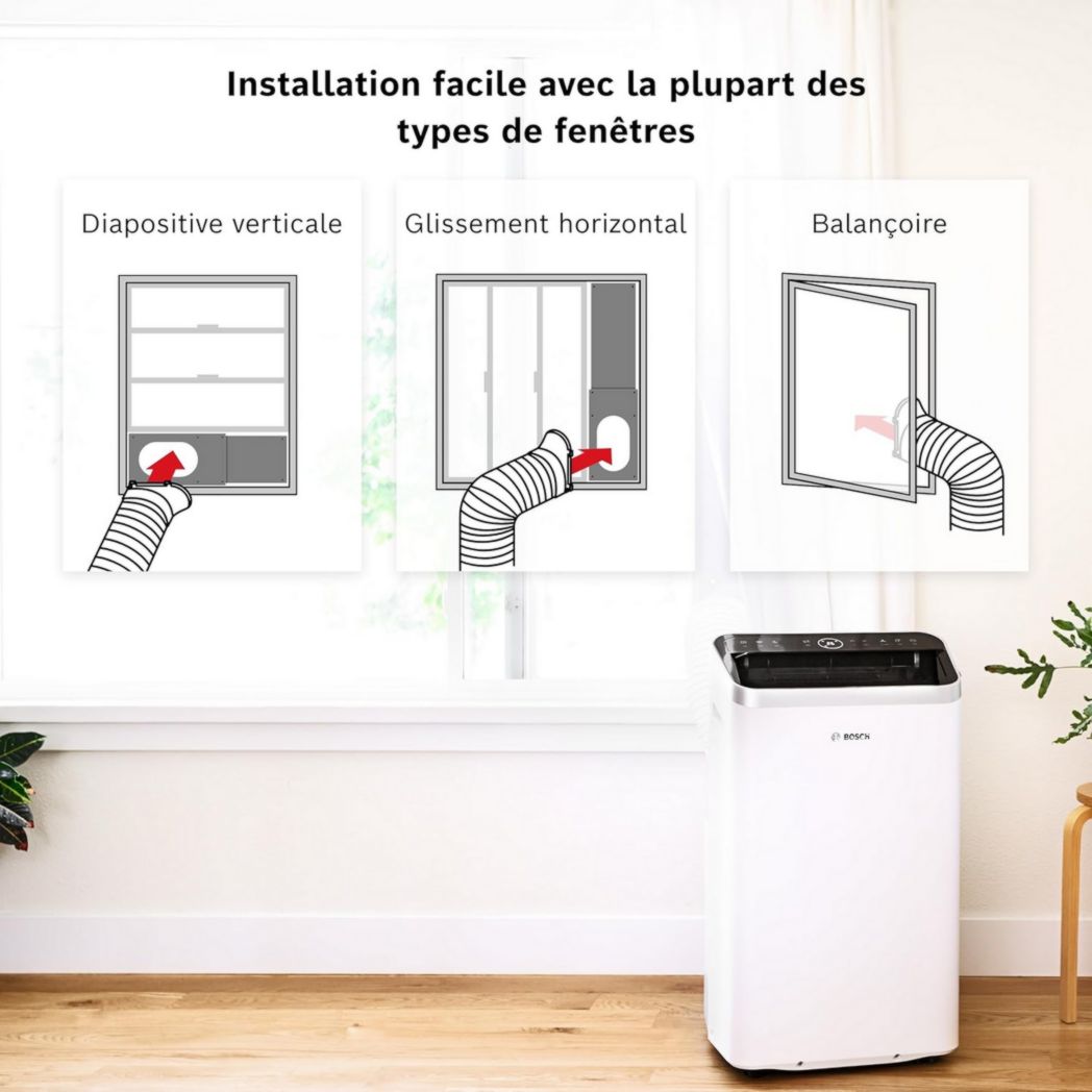 Climatiseur portable Bosch Cool 2000 - 3 en 1 : climatiseur, déshumidificateur, ventilateur - 2,6 kW PAC pour pièces jusqu'à 35 m² - Avec modes automatique, silencieux et veille