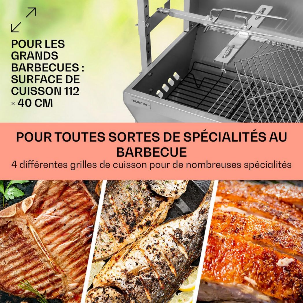 Rôtissoire électrique Klarstein, rôtissoire et barbecue, grande broche à cochon de lait, rôtissoire, barbecue 12 W avec 3 pieds en acier inoxydable