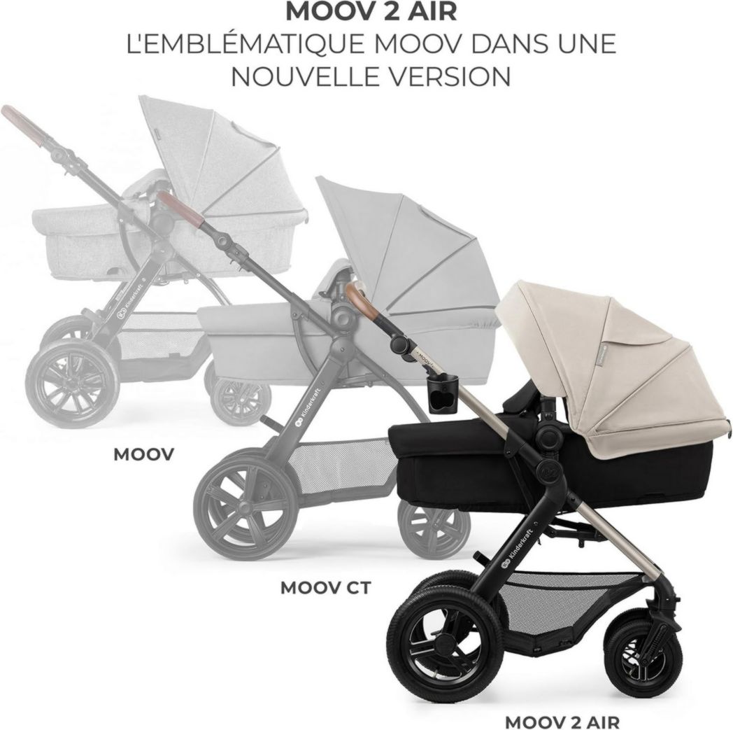 Poussette 3-en-1 Kinderkraft MOOV2, système de voyage de la naissance à 27 kg, siège auto Mink PRO I-Size inclus, pare-soleil extensible avec filtre UPF50+, accessoires pratiques, gris