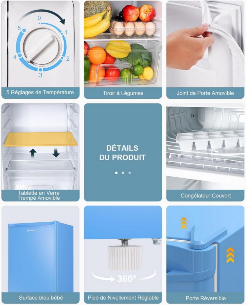 Mini-réfrigérateur Upstreman 91 L avec congélateur, thermostat réglable, pour petite pièce, réfrigérateur haut de gamme pour dortoir, bureau, blanc - BR321