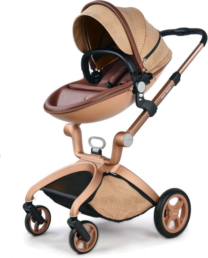 Poussette classique Hot Mom Combi 3 en 1, ensemble complet, cadre en aluminium, pneus en caoutchouc plein, protection contre la pluie et moustiquaire, modèle F22 (noir-3, avec siège auto)