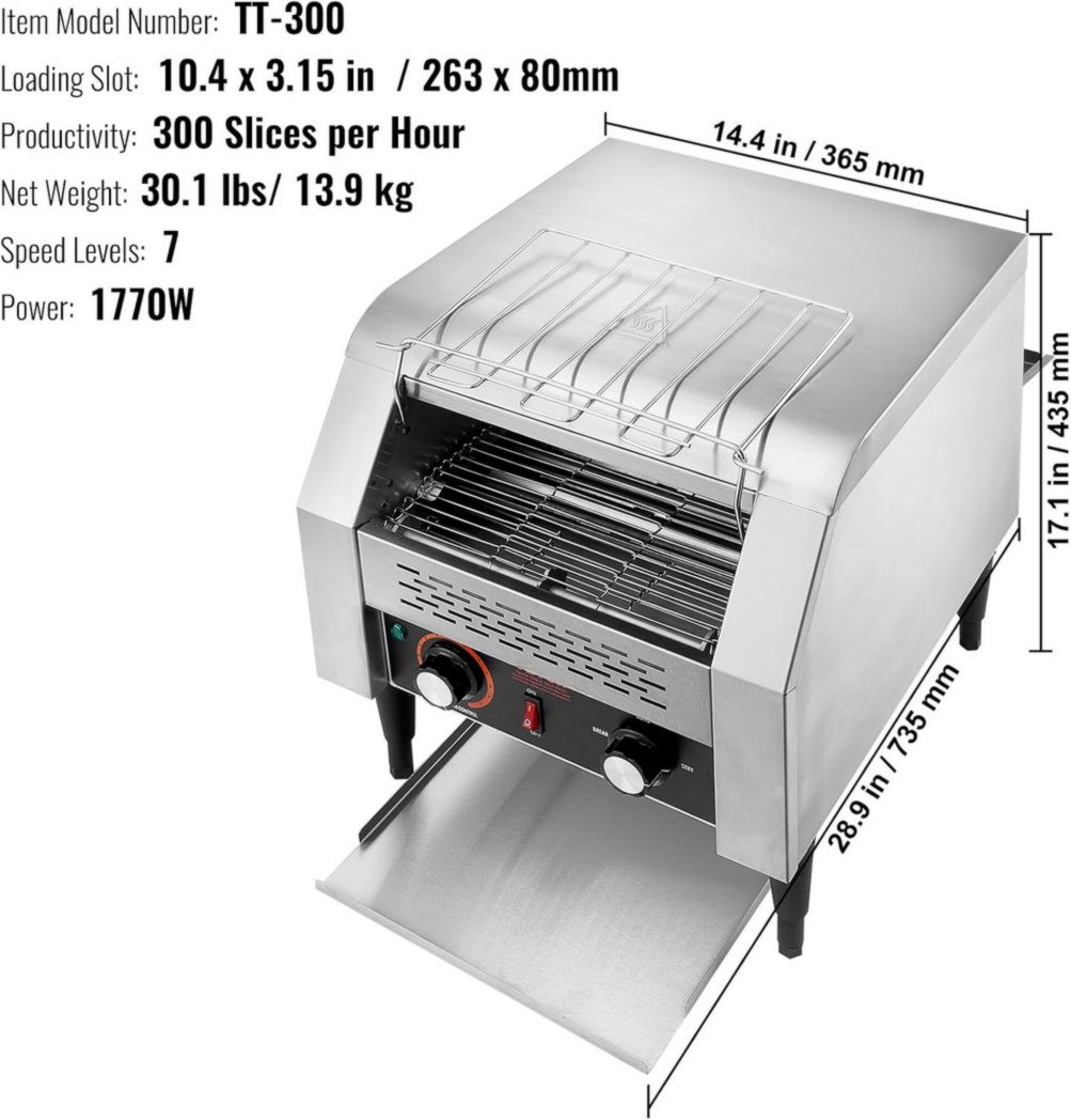 Grille-pain commercial VEVOR 300 tranches par heure en acier inoxydable 2200 W 7 vitesses avec plateau ramasse-miettes pour petits pains, bagels, hamburgers, boulangeries, restaurants, hôtels
