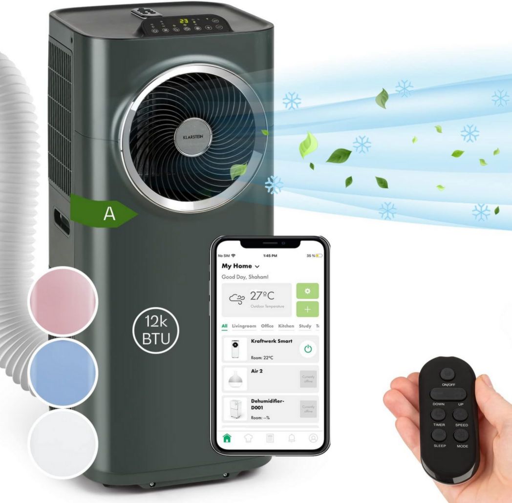 Climatiseur portable silencieux Klarstein, climatiseur portable 5 en 1, mini climatiseur, purificateur et éliminateur d'odeurs, mode nuit, déshumidificateur d'air, faible consommation, 10 000 BTU, climatiseurs