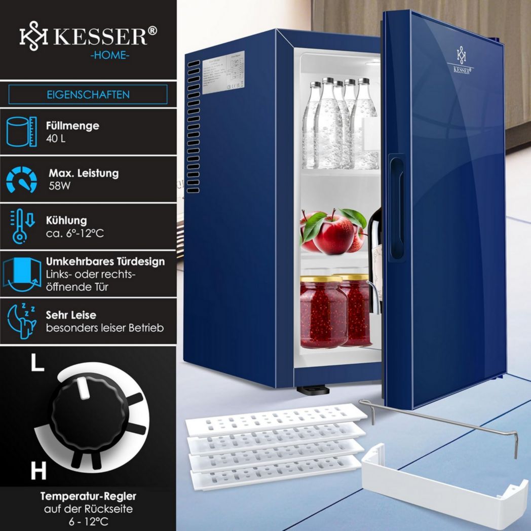 Mini-réfrigérateur KESSER® avec serrure, mini-bar 40 l, silencieux, 22 dB, verrouillable, chambre, butée de porte amovible, environ 4 à 16 °C, hauteur 57 cm, éclairage intérieur