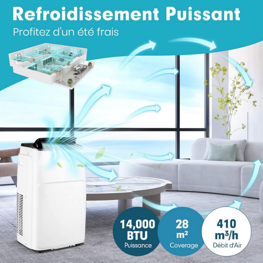 Climatiseur portable GOPLUS 16 000 BTU 4,7 kW 5 en 1 Fonctions : refroidissement, chauffage, déshumidification, ventilation, mode nuit, minuterie 24 h, télécommande/écran, 45-50 m², R290