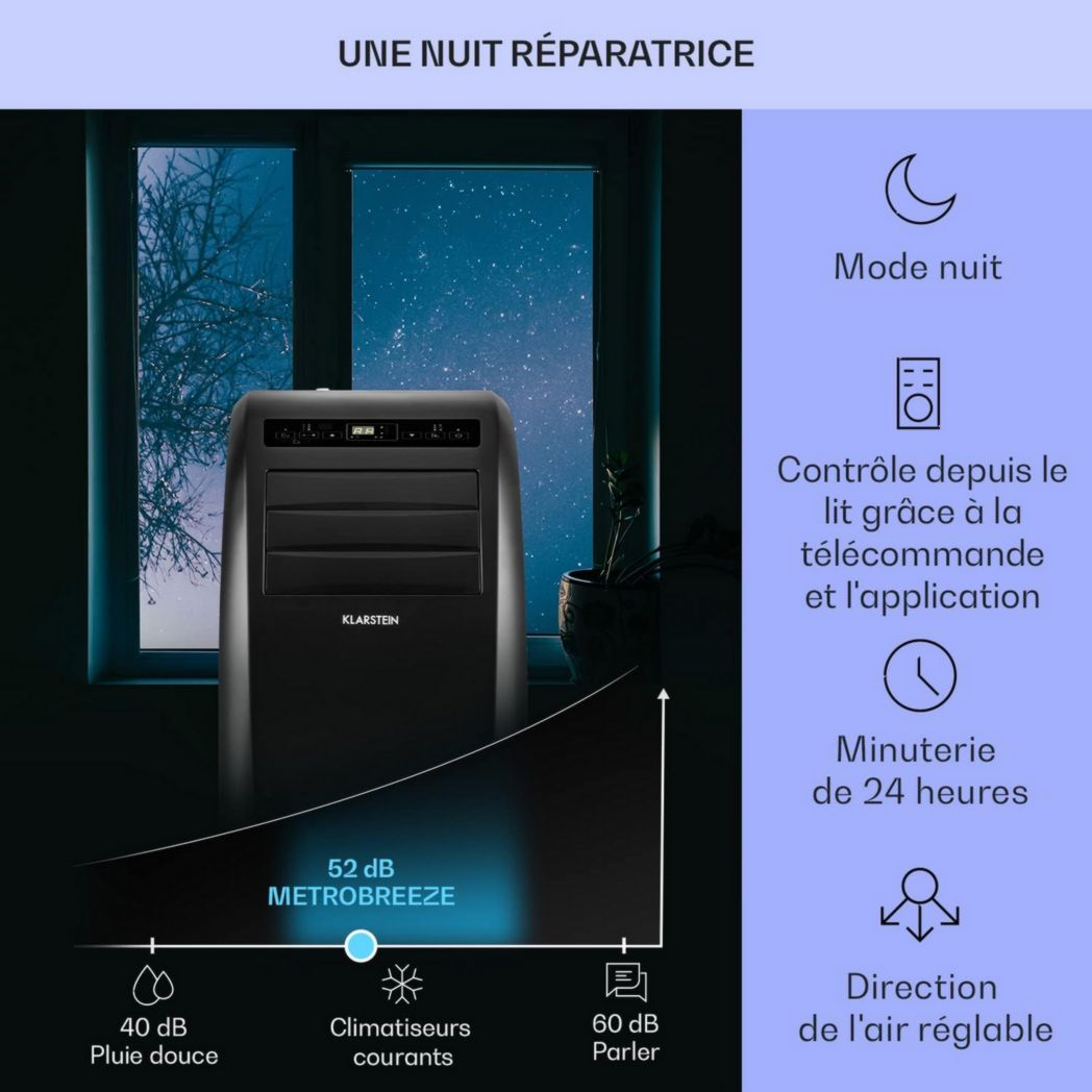 Climatiseur mobile silencieux Klarstein, 4 en 1, mode nuit, déshumidificateur, ventilateur, mini climatiseur basse consommation, évacuation, climatiseur portable, puissant, 10 000 BTU