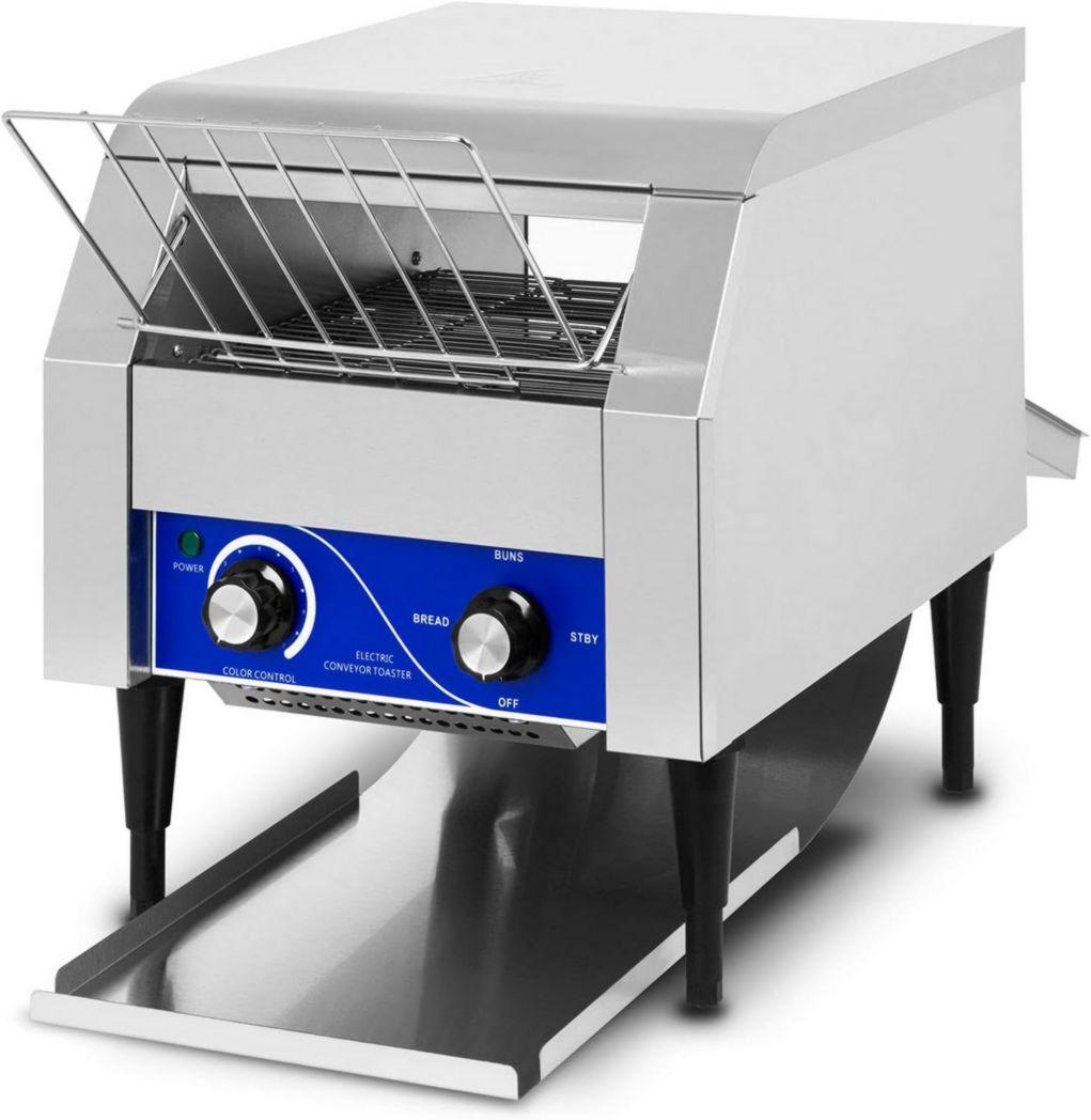 Grille-pain convoyeur professionnel VERTES en acier inoxydable (1940 W, 230 V, pour pains grillés et hamburgers, 1 rampe d'insertion, 2 rampes de sortie, 7 niveaux de vitesse, plateau ramasse-miettes)