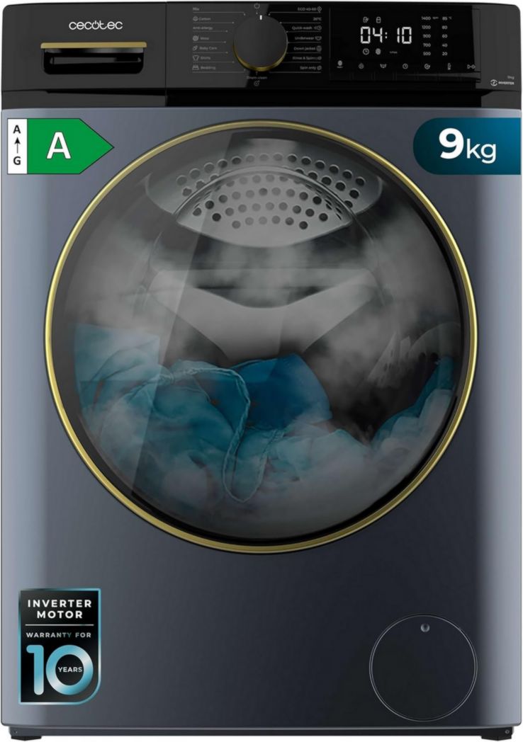 Lave-linge Cecotec 8 kg Bolero DressCode 8610 Inverter Steel A. Chargement frontal, 1400 tr/min, SteamMax, moteur Inverter Plus, 15 programmes, OnSmart, Stop&Go, DrumClean, revêtement antibactérien