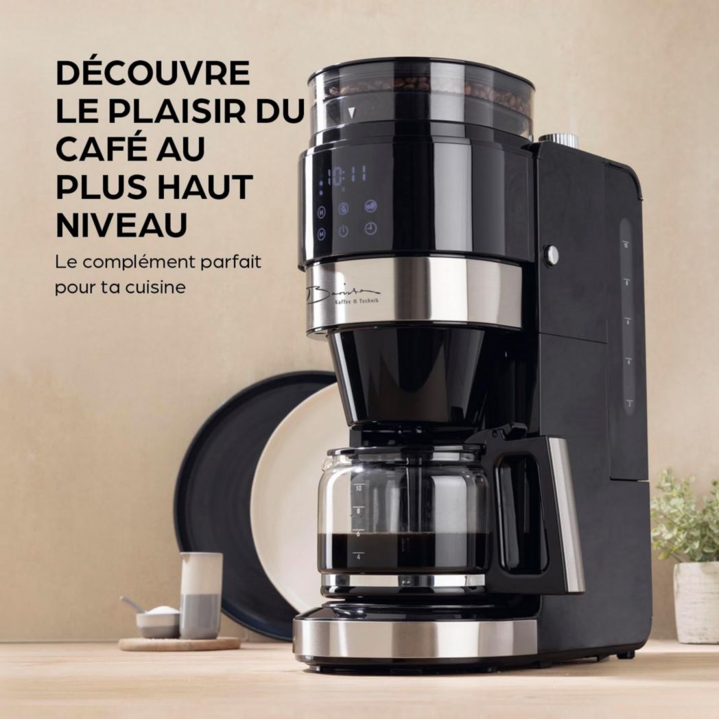 Cafetière filtre Barista avec verseuse isotherme de 1 L pour 12 tasses de café, machine à café à grains avec moulin et affichage numérique, fonction minuterie