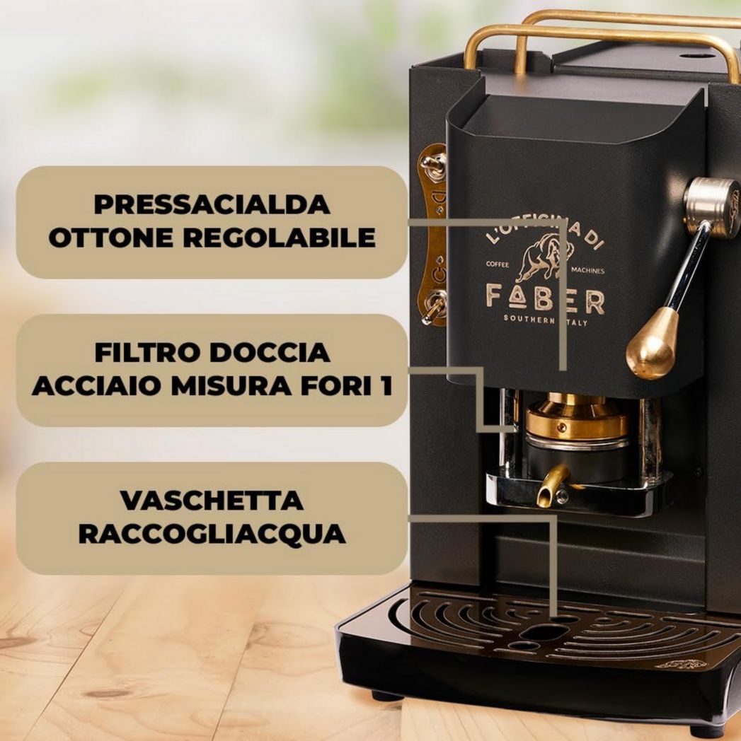 Machines à café Faber | Modèle Pro Total Inox Deluxe | Machine à café à dosettes 44 mm | Pressostat réglable en laiton | Électrovanne standard (laiton)