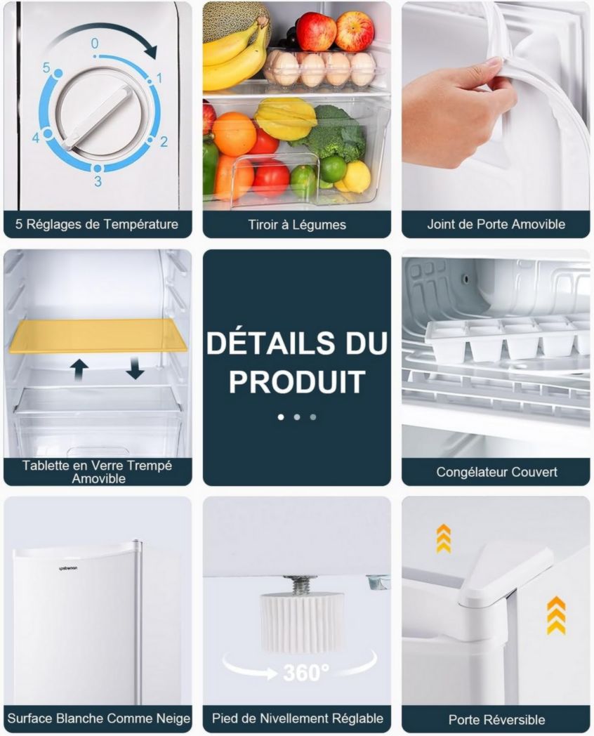 Mini-réfrigérateur Upstreman 91 L avec congélateur, thermostat réglable, pour petite pièce, réfrigérateur haut de gamme pour dortoir, bureau, blanc - BR321