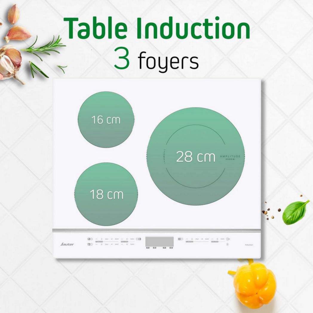 Sauter - SPI4360W - Plaque à induction - Encastrable - Blanc - 3 feux - 7200 W - Dimensions d'encastrement : 56 x 49 cm - Grand foyer 28 cm et 14 positions de cuisson - Fabriqué en France
