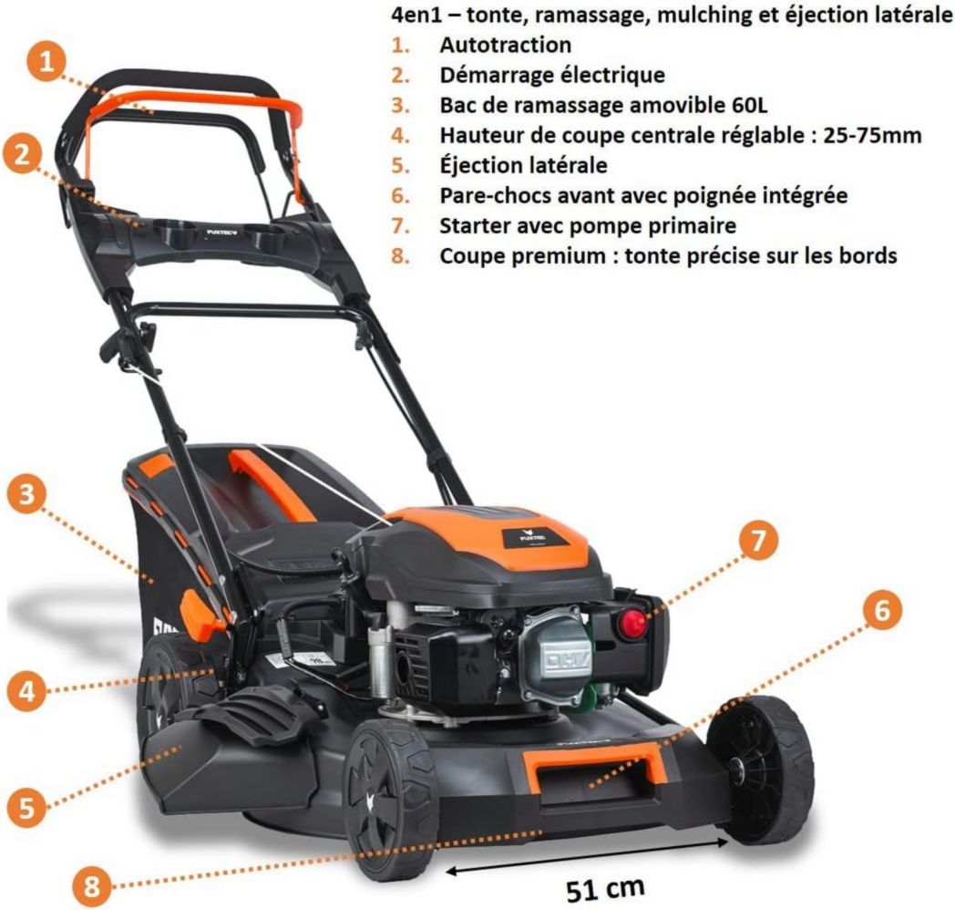 Tondeuse thermique autotractée FUXTEC FX-RM5170eS, démarrage électrique, 4 po 1, 170 cm³, 4 CV | 4 temps | Largeur 51 cm, hauteur de coupe 7 positions, bac de ramassage 60 L, fonction mulching, éjection latérale