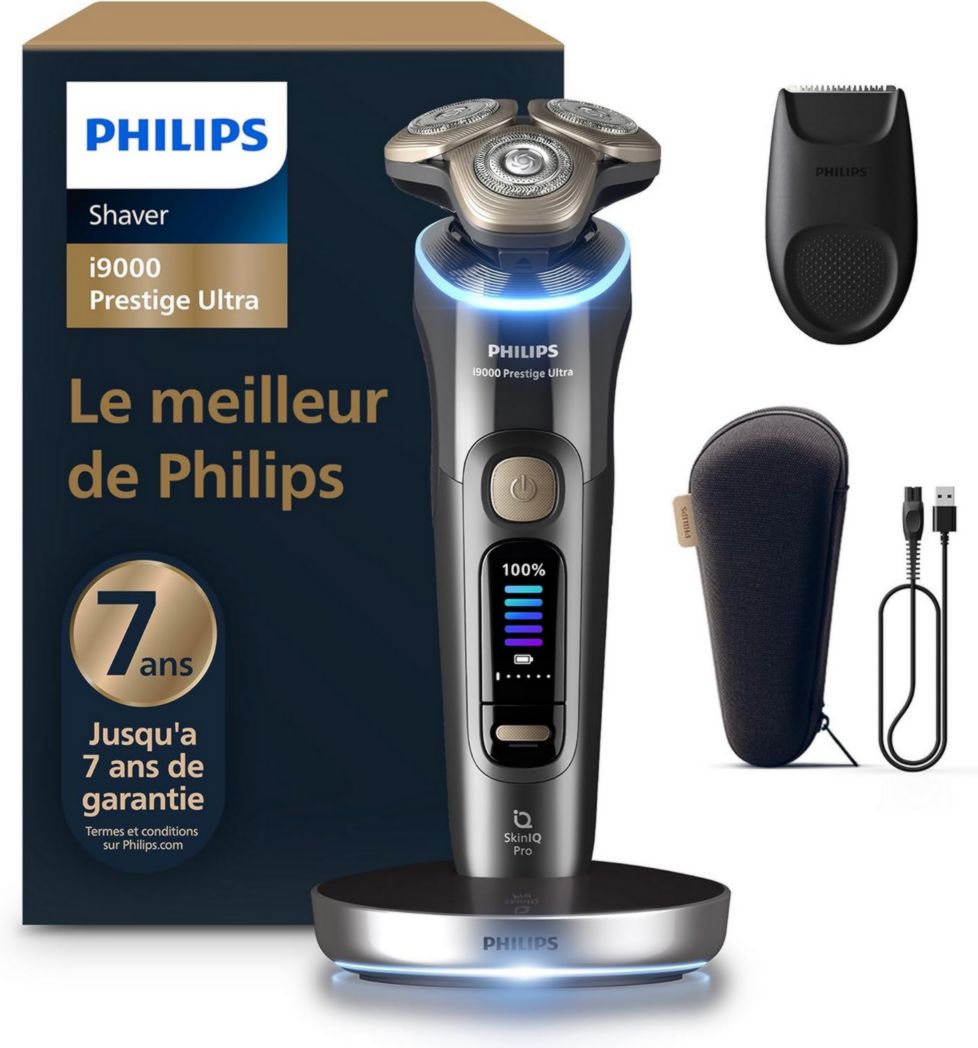 Rasoir Philips i9000 Prestige Ultra, rasoir électrique 100 % étanche, technologie Skin IQ Pro, système Triple Lift & Cut, lames de précision NanoTech rotatives à 360°, 5 modes de rasage, XP9401/38