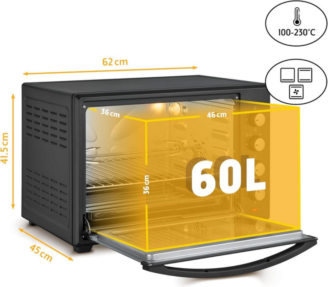 Mini four TZS First Austria 60 l I 2000 WI Convection + Rôtissoire I 4 éléments chauffants I Plage de température jusqu'à 230 °C Minuterie de 60 min I Acier inoxydable I Noir