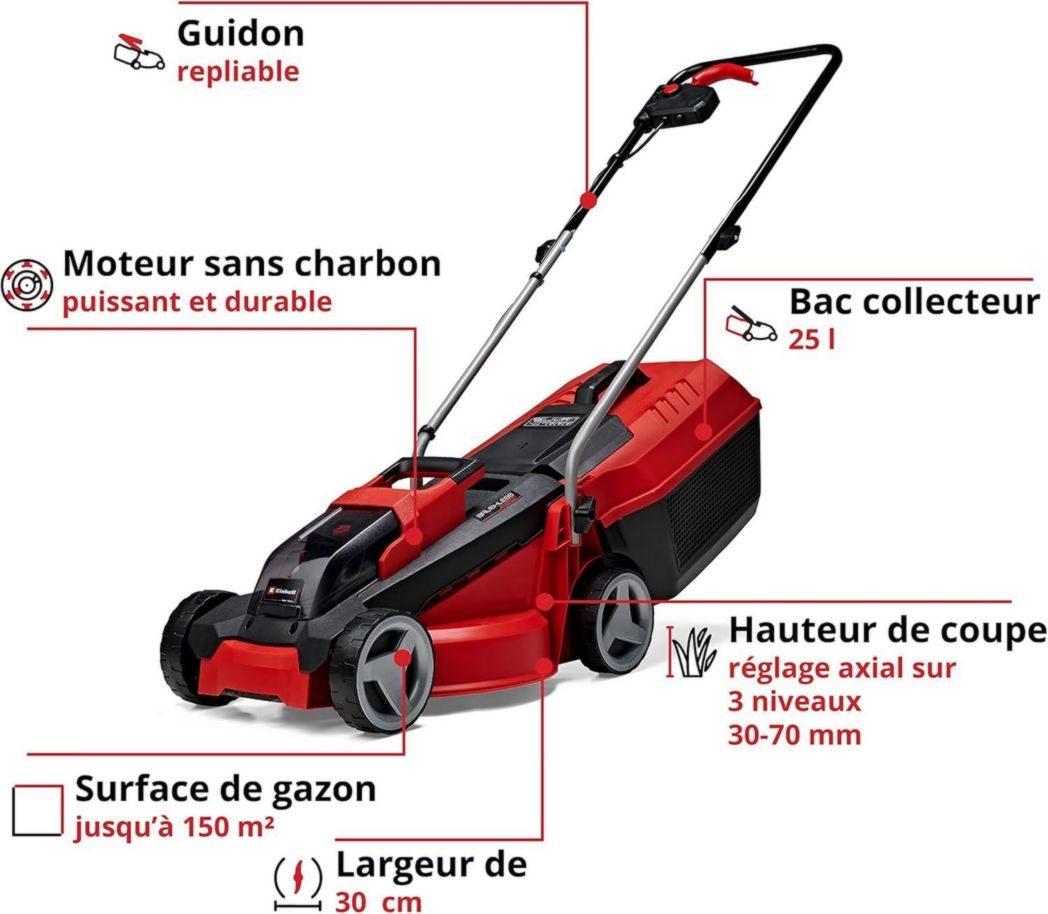 Tondeuse à gazon sans fil Einhell GE-CM 18/30 Li Kit Power X-Change (18 V, largeur de coupe 30 cm, surface recommandée 150 m²) Livrée avec batterie 3,0 Ah et chargeur