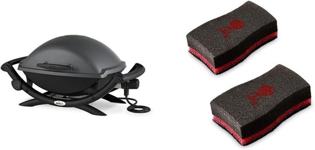 Barbecue électrique Weber Q2400 avec support et tablettes latérales, surface de cuisson 54 x 39 cm, grille en fonte émaillée (2 parties), couvercle et cuve en fonte d'aluminium - Gris foncé (55020053)