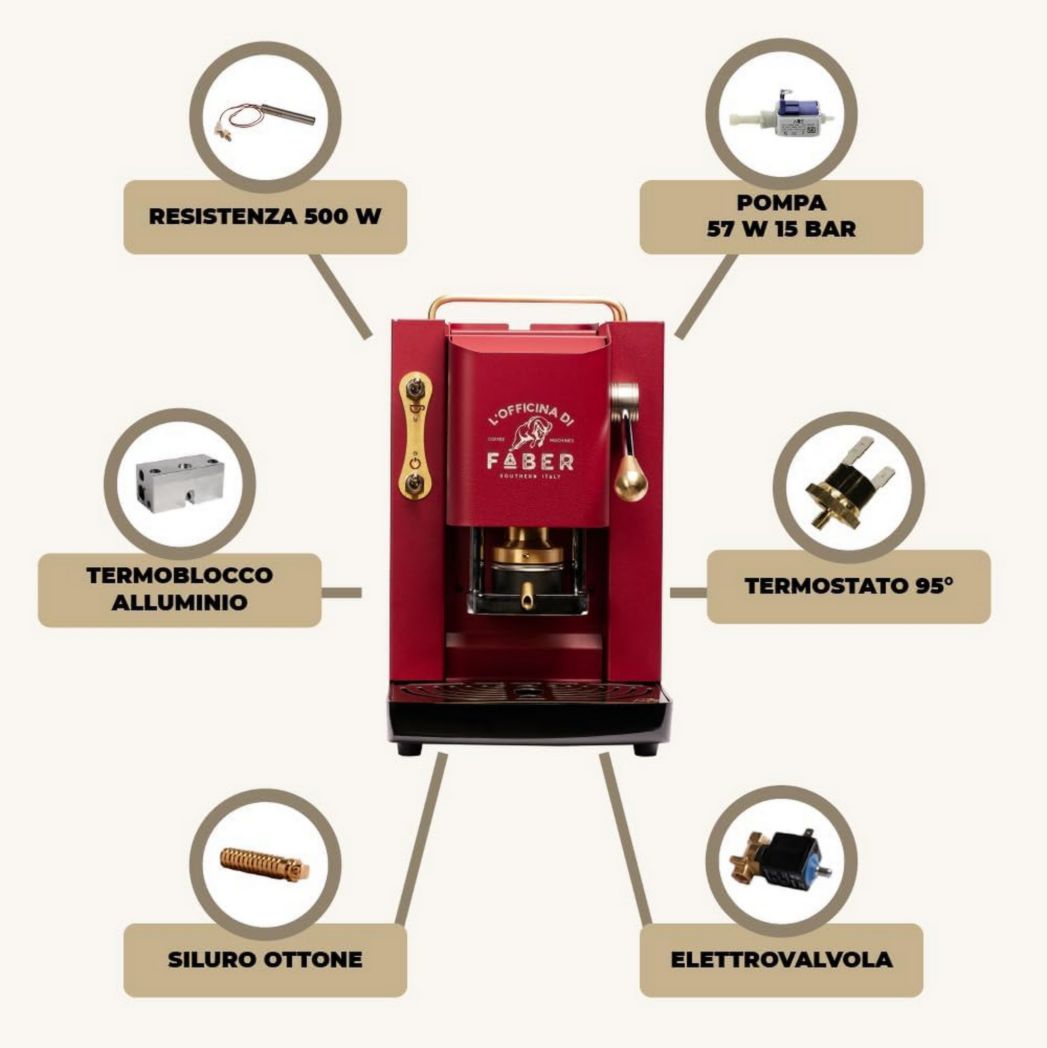 Machines à café Faber | Modèle Pro Total Inox Deluxe | Machine à café à dosettes 44 mm | Pressostat réglable en laiton | Électrovanne standard (laiton)