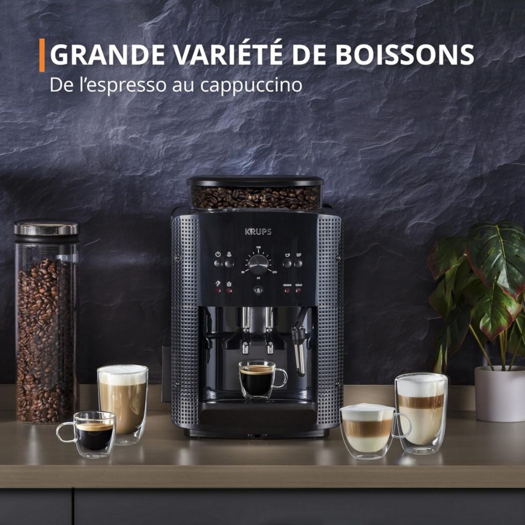 Krups Machine à café à grains, 1,7 L, 2 tasses simultanément, Nettoyage automatique, Buse vapeur pour cappuccino, Cafetière expresso, Essential black YY8125FD, Noir