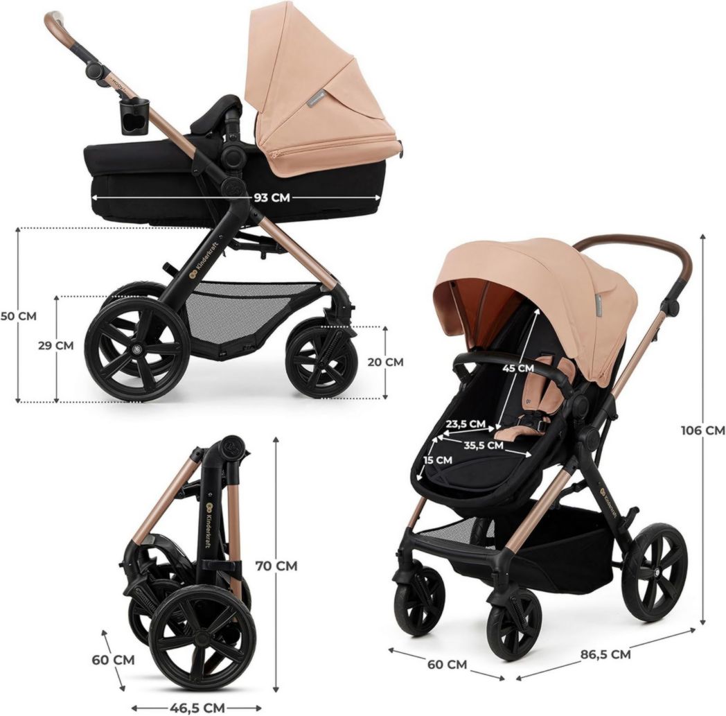 Poussette 3-en-1 Kinderkraft MOOV2, système de voyage de la naissance à 27 kg, siège auto Mink PRO I-Size inclus, pare-soleil extensible avec filtre UPF50+, accessoires pratiques, gris