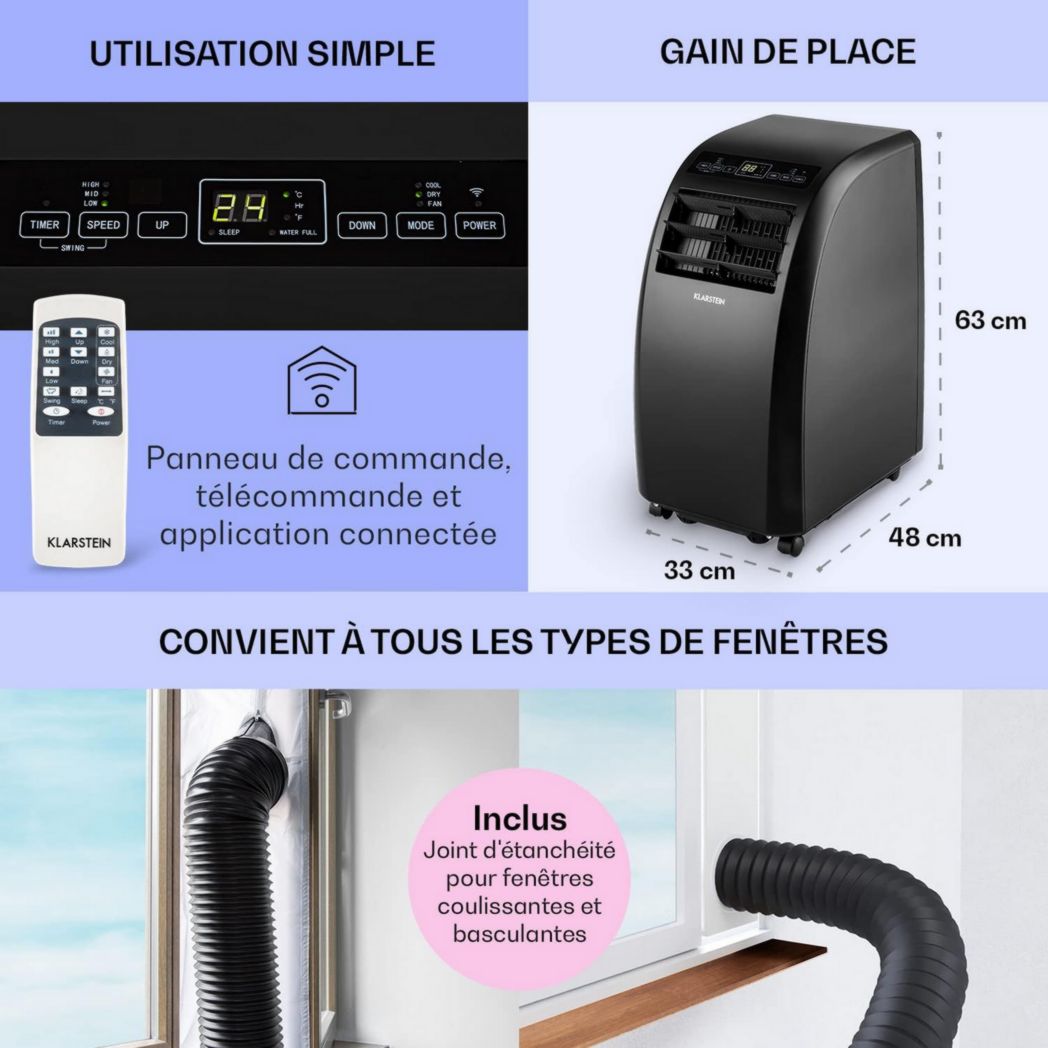 Climatiseur mobile silencieux Klarstein, 4 en 1, mode nuit, déshumidificateur, ventilateur, mini climatiseur basse consommation, évacuation, climatiseur portable, puissant, 10 000 BTU
