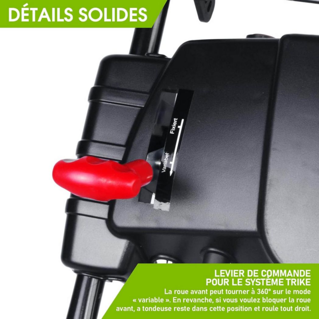 Tondeuse thermique 3 roues BRAST TRIKE E-START 224cc 53cm autotractée démarrage électrique mulching 4en1 capot tôle acier 60l - moteur 4 temps de la marque française GT réglable