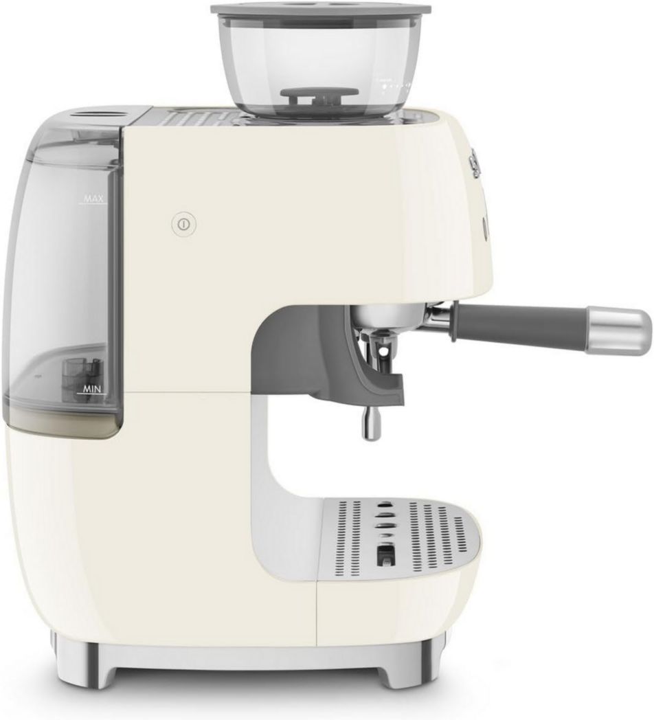 Machine à expresso manuelle Smeg EGF03CREU, avec moulin à grains intégré, thermoblock, 4 niveaux de température, buse vapeur et manomètre, réservoir 1 L, dimensions compactes, 1350 W, couleur crème