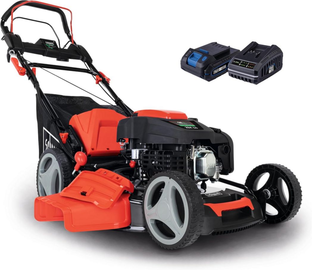 Tondeuse hybride Scheppach MS225-53E – Moteur 4 temps 224 cm³ / 6 CV – 4 400 W – Largeur de coupe 53 cm – Démarrage électrique – Bac de ramassage 65 L – Batteries, chargeurs, huile inclus