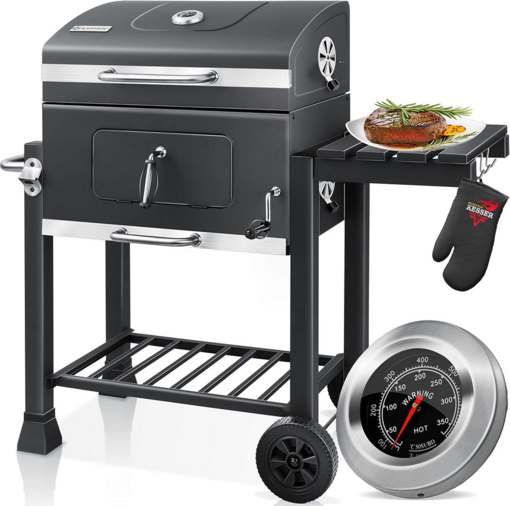 Chariot barbecue KESSER® | Barbecue à charbon XL avec couvercle, roulettes, poignée en acier inoxydable, grille et thermomètre | Grand barbecue à charbon