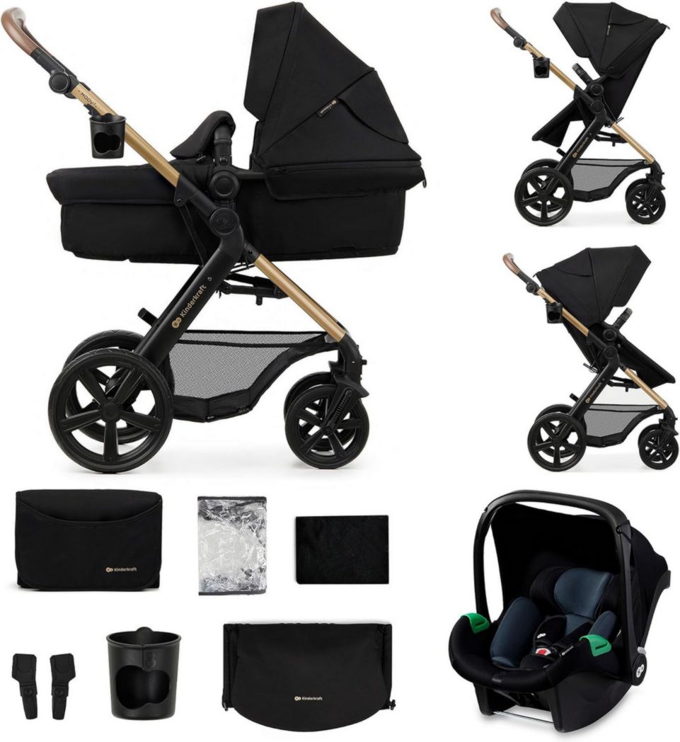 Poussette 3-en-1 Kinderkraft MOOV2, système de voyage de la naissance à 27 kg, siège auto Mink PRO I-Size inclus, pare-soleil extensible avec filtre UPF50+, accessoires pratiques, gris