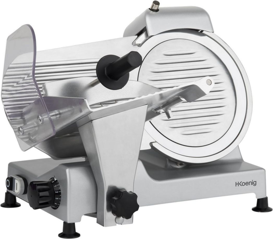 Trancheuse à viande électrique H.Koenig MSX254, Charcuterie, Professionnelle, Précise, Coupe 0-12 mm, Lame 25 cm, Aiguiseur intégré, Grand plateau, 282 tr/min, Rouge