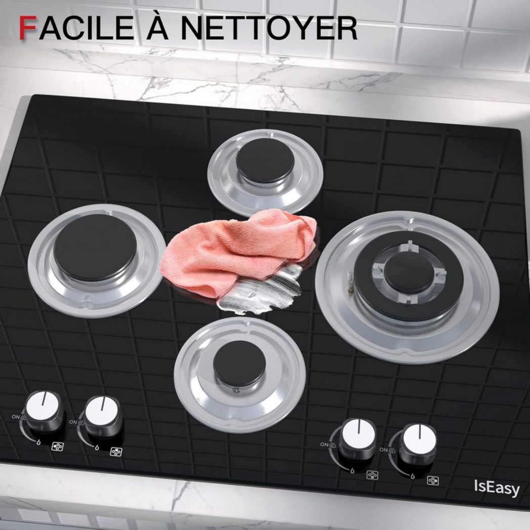 Plaque de cuisson à gaz 4 feux, plaque de cuisson 60 cm - Cuisinière encastrable - Gaz de ville et gaz en bouteille (4 feux - Verre)