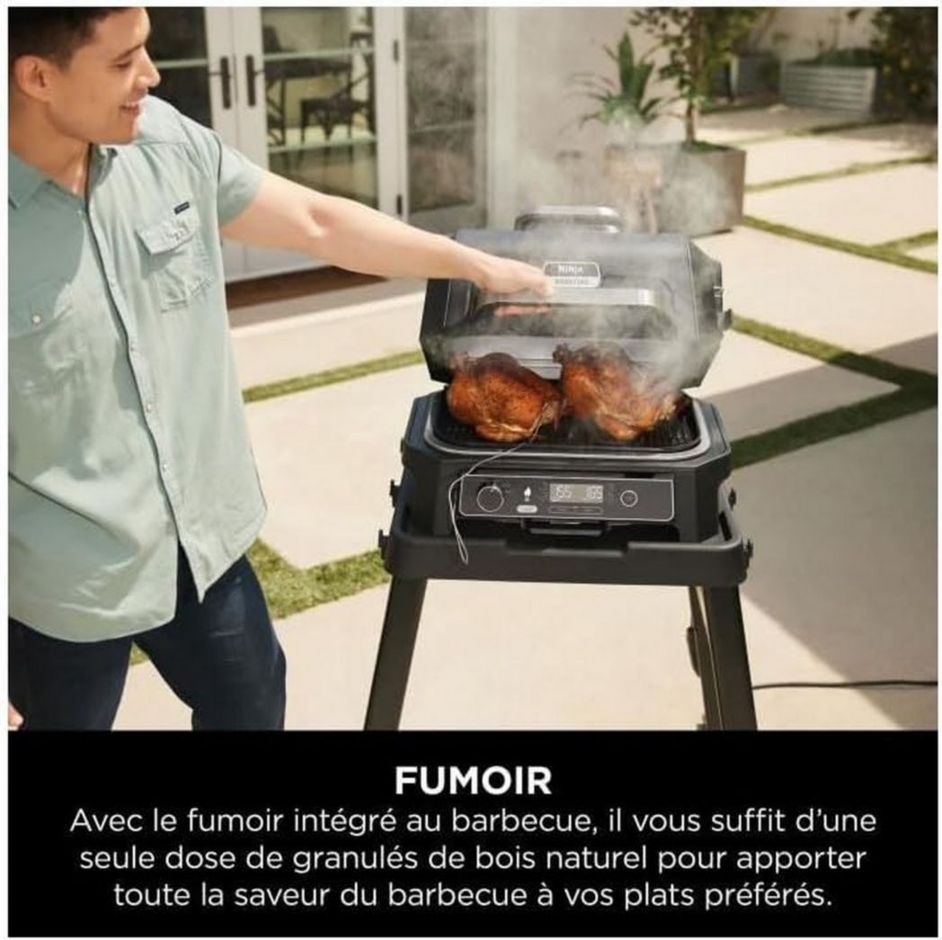 Barbecue et fumoir électrique Ninja Woodfire Pro XL avec thermomètre, barbecue d'extérieur 4 en 1 et friteuse à air avec système de cuisson intelligent et granulés de bois, portable, gris/noir, OG850EU