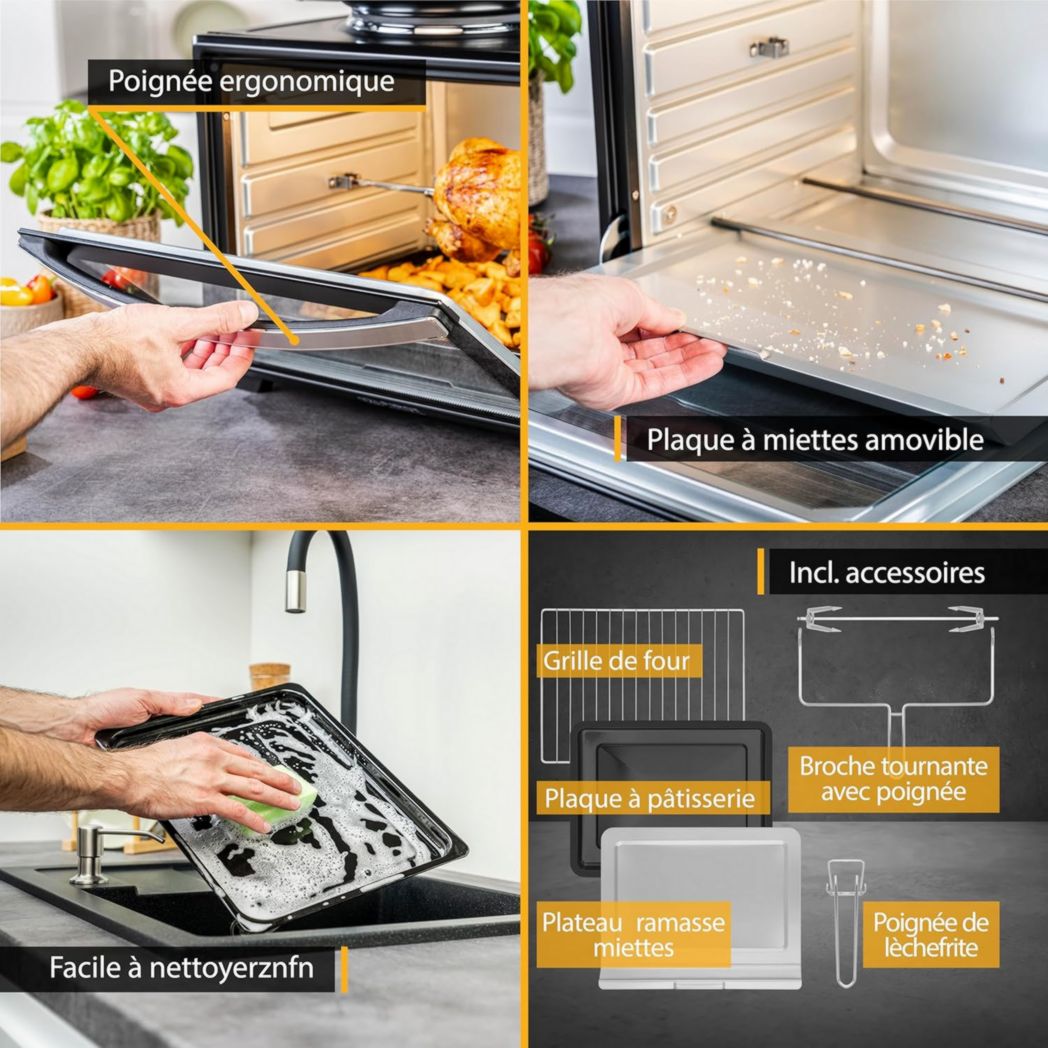 Mini four TZS First Austria 60 l I 2000 WI Convection + Rôtissoire I 4 éléments chauffants I Plage de température jusqu'à 230 °C Minuterie de 60 min I Acier inoxydable I Noir